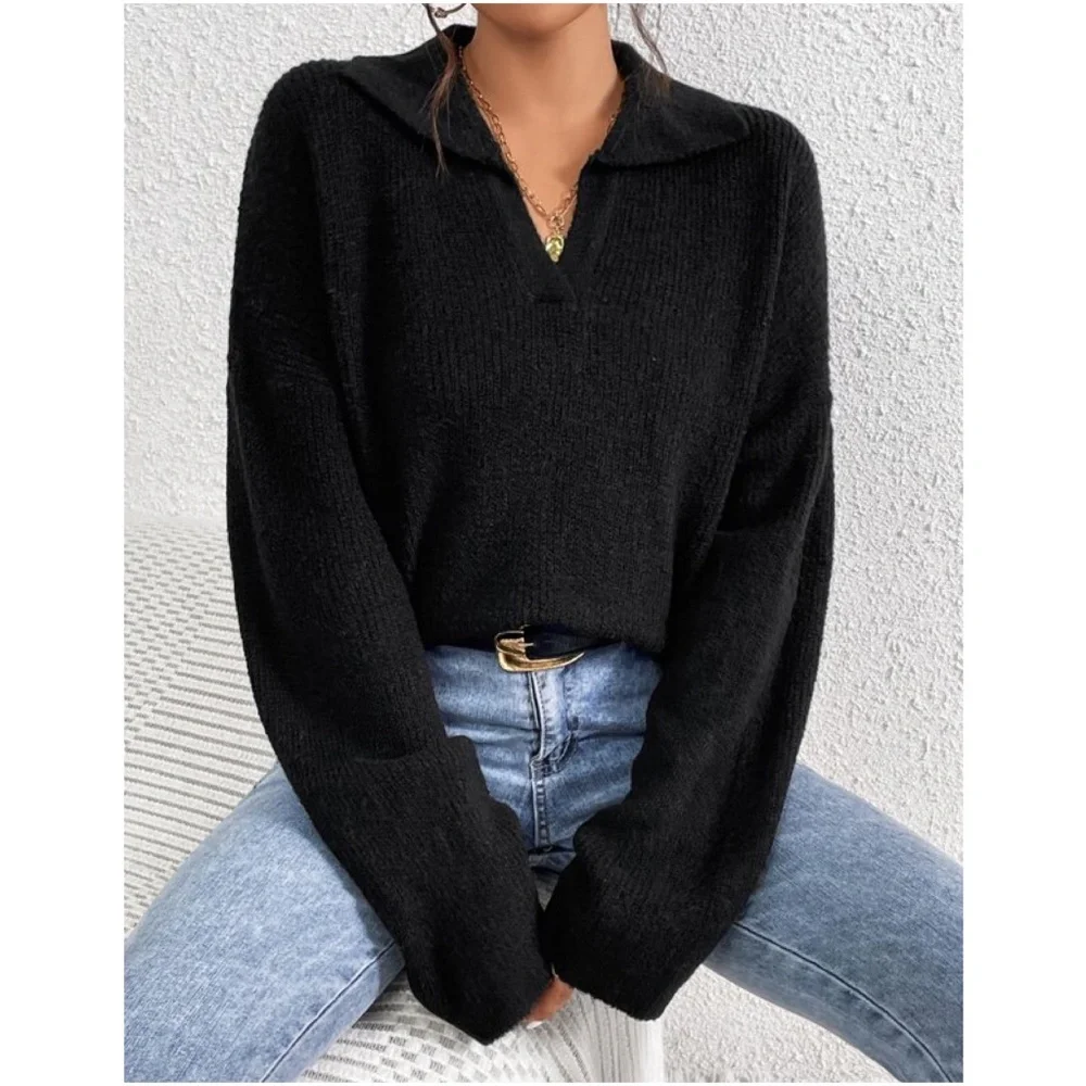 Solid Notched neck Oversized Sweater Top - Picture 3 of 9